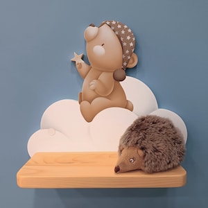hand painted wooden bear shelf, nursery wall shelf, kids room decor, cloud shelf, woodland animal decor, baby gift, nursery organization