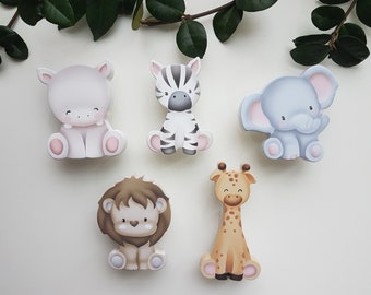 little safari animal knobs, hand painted wood cabinet and drawer pulls, nursery jungle themed, elephant, zebra, giraffe, hippo, lion handle