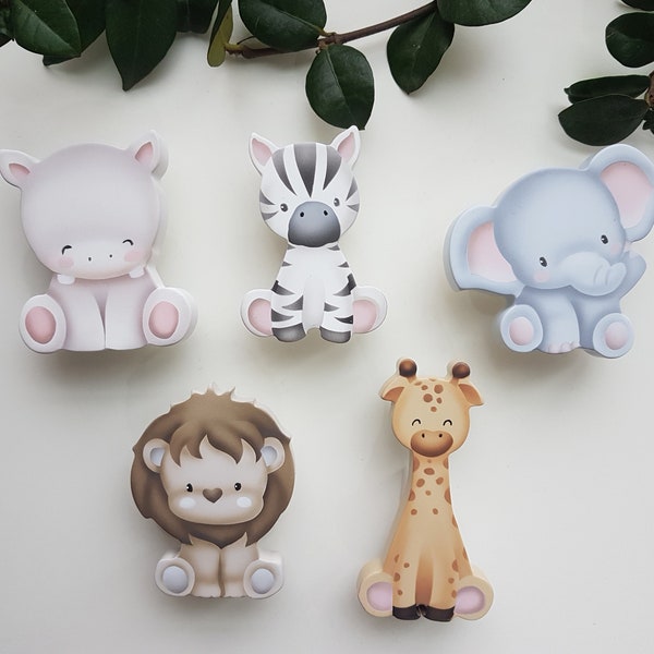 little safari animal knobs, hand painted wood cabinet and drawer pulls, nursery jungle themed, elephant, zebra, giraffe, hippo, lion handle