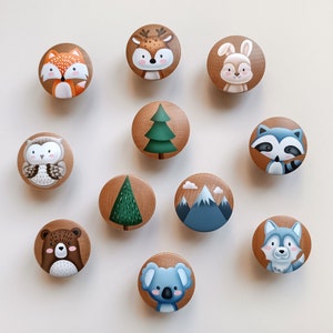 hand painted animal knobs, wood drawer and cabinet pulls, woodland nursery decor, bear, racoon, owl, deer, fox, koala, bunny, boho baby room