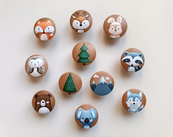 hand painted animal knobs, wood drawer and cabinet pulls, woodland nursery decor, bear, racoon, owl, deer, fox, koala, bunny, boho baby room