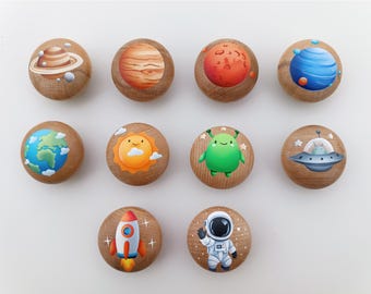 Hand Painted Space Wooden Knobs | Planet Astronaut Pulls for Nursery Room | Kids Bedroom Decor