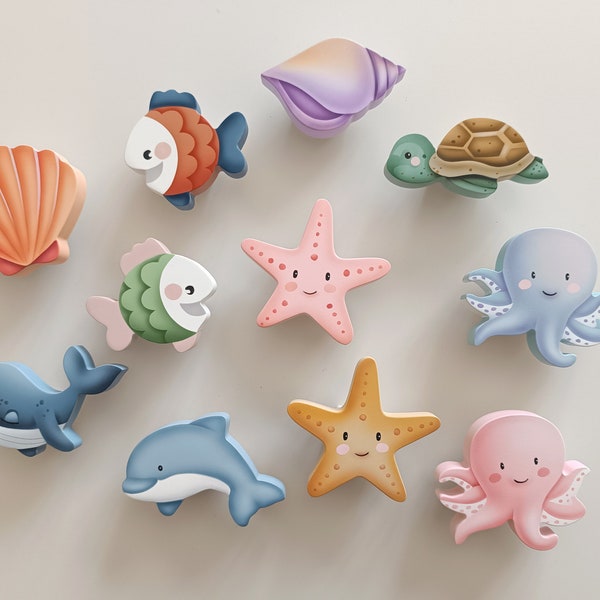 ocean animal drawer knobs, nursery nautical, sea creatures pull, fish, starfish, octopus, sea turtle, dolphin, shell knob, kids wood knob