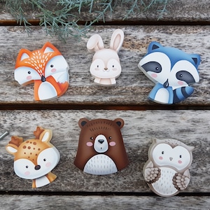 woodland drawer pulls,nursery animal decor, kids cabinet knobs, hand painted wood knobs, fox, racoon, rabbit, owl, forest theme baby gift