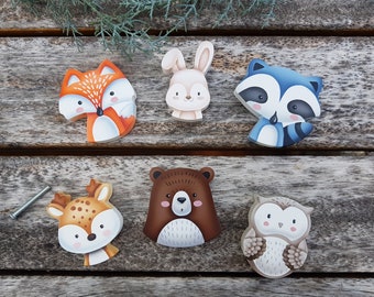 woodland drawer pulls,nursery animal decor, kids cabinet knobs, hand painted wood knobs, fox, racoon, rabbit, owl, forest theme baby gift