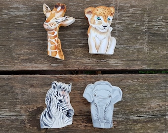 safari animal knobs, hand painted wood drawer and cabinet knobs, little giraffe, elephant, zebra, lion dresser pulls, boho kids art decor