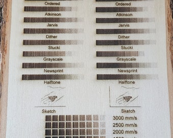 Echantillon de taille d'image et échelle de puissance/vitesse laser