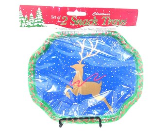Vintage Pack of Reindeer Metal Snack Trays (2) by Hartin 1993 Christmas Holiday