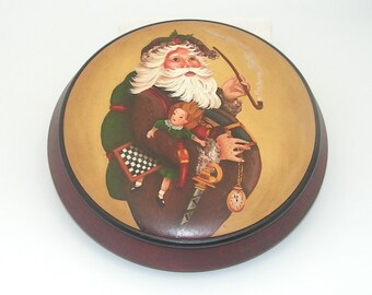Vintage Hand Painted Santa Claus Wooden Lidded Bowl Christmas Thomas Nash Inspired