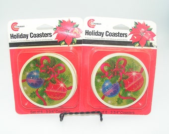 2 Pack Lot Conimar Vintage Christmas Coasters Cork Backed Ornaments Holiday NIP