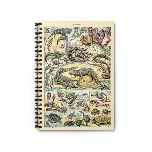 Reptiles by Adolphe Millot 1857-1921 Trippy Watercolor Painting Science Diagram Spiral Notebook Ruled Line Paper A5 6x8 Inch Size Journal