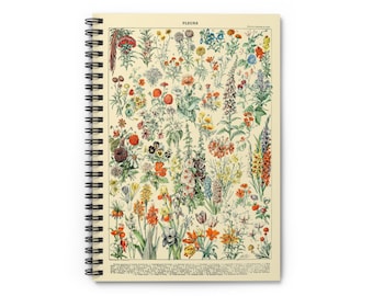 Fleurs II by Adolphe Millot 1857-1921 Wildflower Floral Flower Identification Chart Spiral Notebook Rule Line Paper A5 6x8 Inch Size Journal