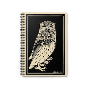 Two Owls by Julie de Graag 1921 Black Ink Wildlife Woodland Creature Bird Cover Spiral Notebook Ruled Line Paper A5 6x8 Inch Size Journal