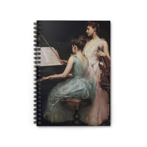 The Sonata by Irving Ramsey Wiles 1889 Victorian Piano and Violin | College Ruled Line Paper Spiral Notebook A5 6x8 Inch Vintage Art Journal