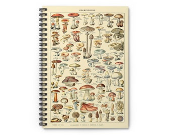 Champignons by Adolphe Millot 1857-1921 Trippy Mushroom Fungi Cottagecore Hippie Spiral Notebook Ruled Line Paper A5 6x8 Inch Size Journal