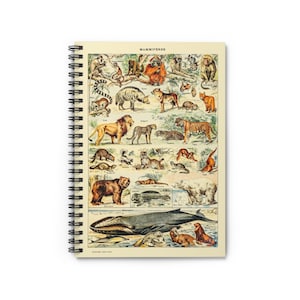 Mammiferes by Adolphe Millot 1857-1921 Wild Animal Mammals Lion Tiger Whale Cover Spiral Notebook Ruled Line Paper A5 6x8 Inch Size Journal