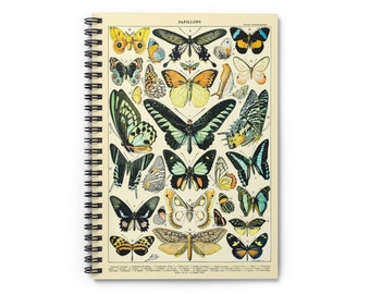 Papillions III by Adolphe Millot 1857-1921 Monarch Butterfly Moth Insect Bug Chart Spiral Notebook Ruled Line Paper A5 6x8 Inch Size Journal