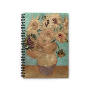 Sunflowers by Vincent van Gogh 1889 Mellow Yellow Flower Vase | College Ruled Line Paper Spiral Notebook A5 6x8 Inch Vintage Art Journal