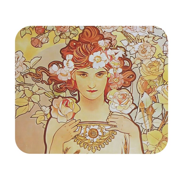 Rose by Alphonse Mucha 1897 Beautiful Red Hair Woman Bed of Floral Flower Wildflowers Botanical Garden Painting | Vintage Art Mouse Pad