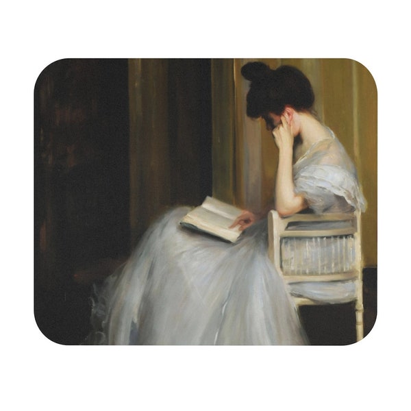 The Readers by Jacques-Emile Blanche 1980 Victorian Era Girl in Fashionable White Dress Reading a Book in a Chair | Vintage Art Mouse Pad
