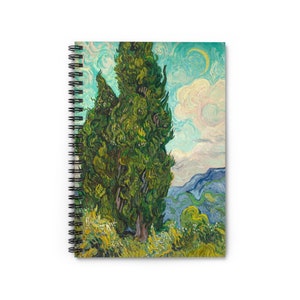 Cypresses by Vincent van Gogh 1889 Beautiful Painting Brush Stroke Nature Abstract Spiral Notebook Ruled Line Paper A5 6x8 Inch Size Journal