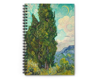 Cypresses by Vincent van Gogh 1889 Beautiful Painting Brush Stroke Nature Abstract Spiral Notebook Ruled Line Paper A5 6x8 Inch Size Journal