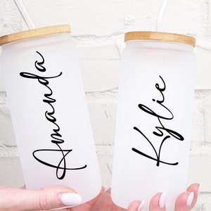 Personalized Iced Coffee Cup, 20oz Glass Cup, Custom Beer Can Glass with Lid and Straw, Bridesmaid Gift, Bridesmaid Proposal
