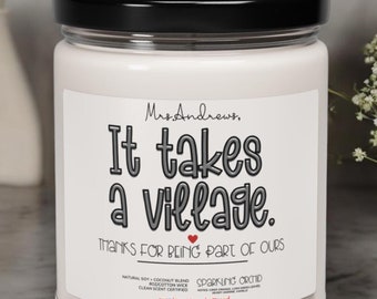 Teacher Gift Ideas, It Takes a Village Candle, Personalized Teacher Gift, Teacher Candle, Nanny Gift, Babysitter Gift, Day Care, Preschool