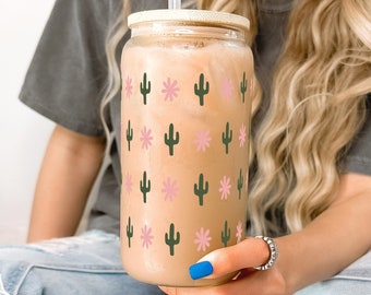 Cute Mini Cactus Iced Coffee Glass Cup With Lid and Straw, Trendy Cactus 16oz Iced Coffee Glass, Cute Cactus Lover Gift for Plant Mom