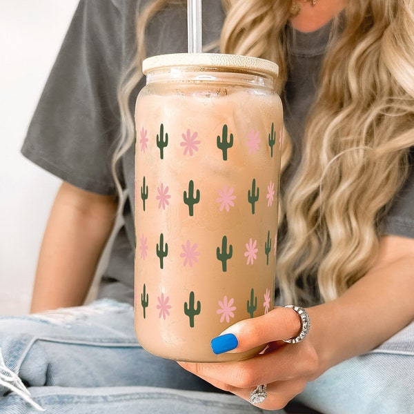 Cute Mini Cactus Iced Coffee Glass Cup With Lid and Straw, Trendy Cactus 16oz Iced Coffee Glass, Cute Cactus Lover Gift for Plant Mom