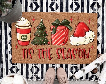 Tis The Season Christmas Holiday Door Mat, Red Christmas Door Mat, Welcome Mat, Holiday, Christmas Tree, Coffee, Winter Door Mat, Holiday