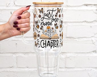 Just One More Chapter 40oz Glass Tumbler With Handle Lid and Straw, Book Lover Gift, Floral Butterfly Reader Gift, Book Club Gift for Her