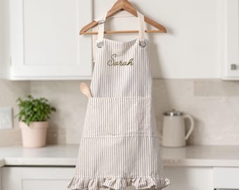 Tablier brodé en lin et coton personnalisé avec poches, nom personnalisé, initiales ou expression, cadeau pour maman, cuisinière à domicile ou artisan