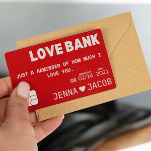 Liebesnotizen, Love Bank Brieftaschenkarte mit Gravur, personalisierter Valentinstag, Jahrestagsgeschenk für Ihn, individuell gravierte Notiz, Freundandenken