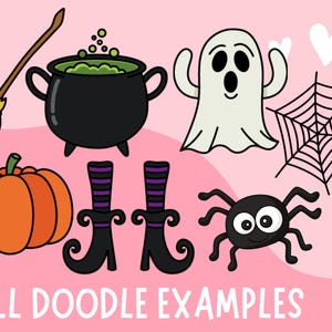 May include: A set of Halloween-themed illustrations featuring a cauldron with green liquid, a ghost, a spider, a pumpkin, a broom, witch's boots, and a spider web.