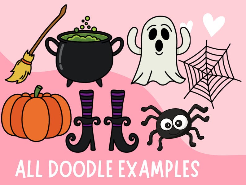 May include: A set of Halloween-themed illustrations featuring a cauldron with green liquid, a ghost, a spider, a pumpkin, a broom, witch's boots, and a spider web.