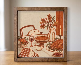 Dog Wall Art, Curious Dog at Thanksgiving Dinner, Framed Canvas Sign
