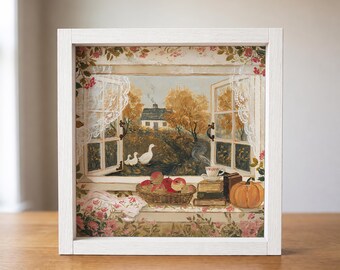 Cottagecore Wall Art, Autumn Cottage and Ducks, Framed Canvas Sign