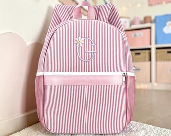 Personalized Embroidered Toddler Girl Backpack, Mini Pink Seersucker Daycare Bag, Daisy Initial Bag - NEW JUNE 2026