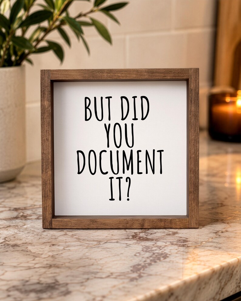 Brown-framed “But Did You Document It?” sign on a marble counter with a plant and candle in the background.