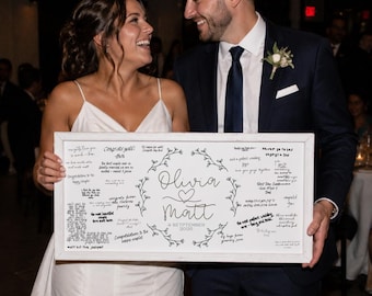 Personalized Wood Framed Wedding Guest Book Alternative, Botanical Wreath Sign 24X12 Inches