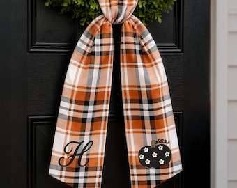 Embroidered Fall Wreath Bow, Tartan Halloween Plaid Personalized Fall Door Decor