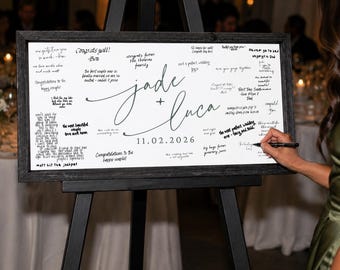 Personalized Wedding Guest Book Alternative, Framed Wood Script Name Sign with Couple's Names and Date