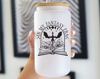 Fantasy Era Iced Glass Cup With Lid and Straw, Wing Fourth, 16oz Iced Coffee Glass, Book Lover Gift Mug, Reader Gift, Book Club Gift for Her