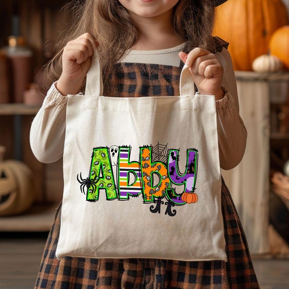 Personalized Trick or Treat Bag, Halloween Tote Bag for Kids, Customized Canvas Tote Bag for Trick or Treat, Goodie Gift Bag,Kids Halloween