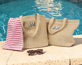 Sac de plage personnalisé en raphia, fourre-tout à monogramme brodé, sac à fermeture éclair pour les vacances d'été