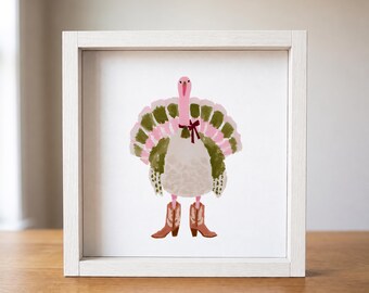 Preppy Turkey Sign, Pink and Green Thanksgiving Decor on Framed Canvas