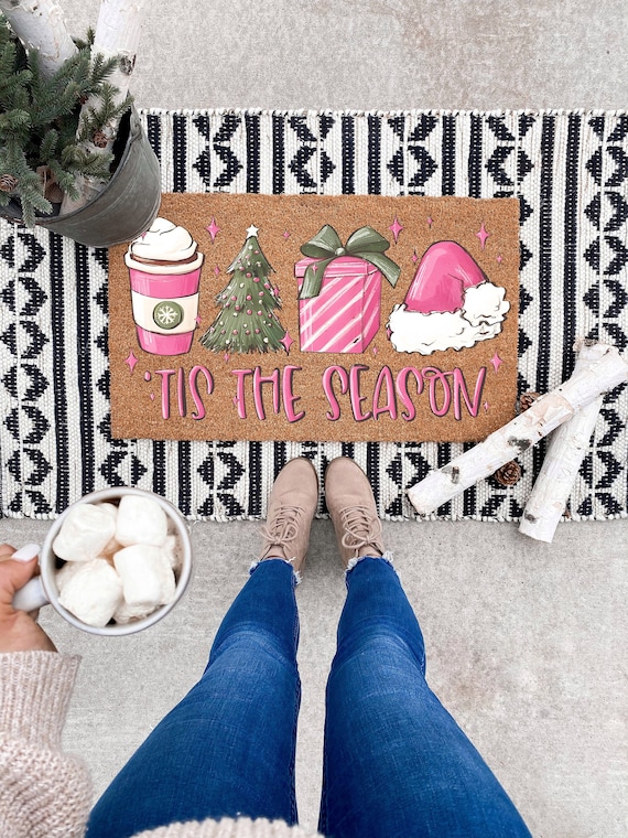 Pink Tis The Season Christmas Things Holiday Door Mat, Pink Christmas Door Mat, Christmas Doormat, Winter Decor Welcome Mat, Holiday Doormat