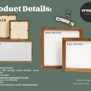 Peut inclure: Une collection de cadres en bois carr&eacute;s et rectangulaires avec des inserts blancs. Les cadres sont &eacute;tiquet&eacute;s avec des dimensions incluant 8x8 pouces, 6x6 pouces et 24x12 pouces. L'ensemble comprend du mat&eacute;riel de suspension en m&eacute;tal et des vis.
