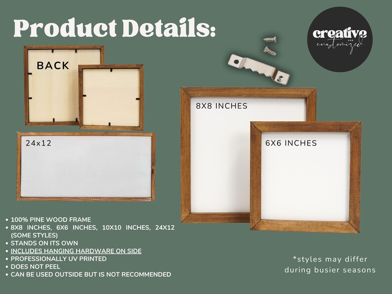 Peut inclure: Une collection de cadres en bois carr&eacute;s et rectangulaires avec des inserts blancs. Les cadres sont &eacute;tiquet&eacute;s avec des dimensions incluant 8x8 pouces, 6x6 pouces et 24x12 pouces. L'ensemble comprend du mat&eacute;riel de suspension en m&eacute;tal et des vis.